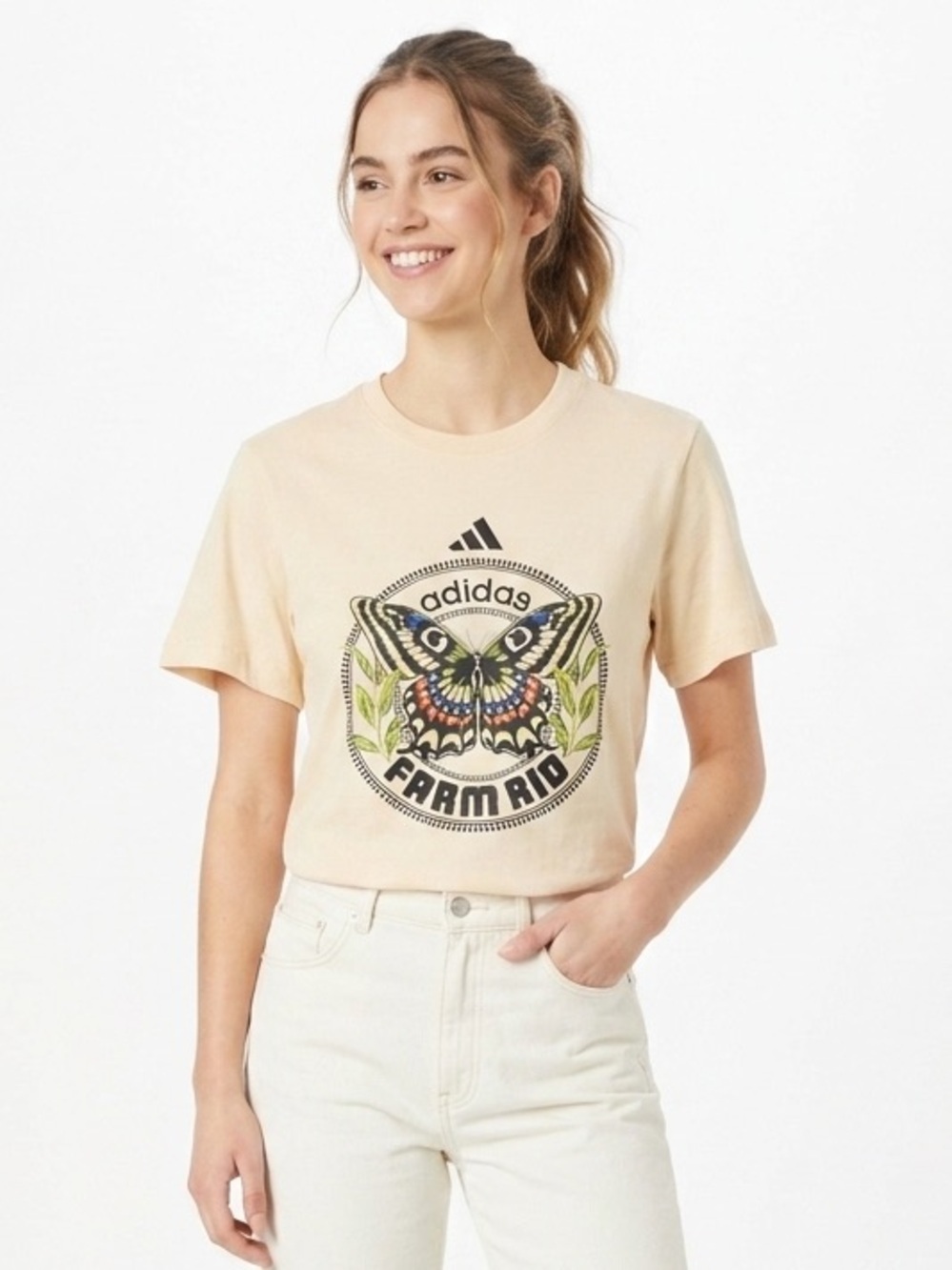 FARM eRio + Adudas Cream Tee with Multicolor Butterfly Graphic XS NWT